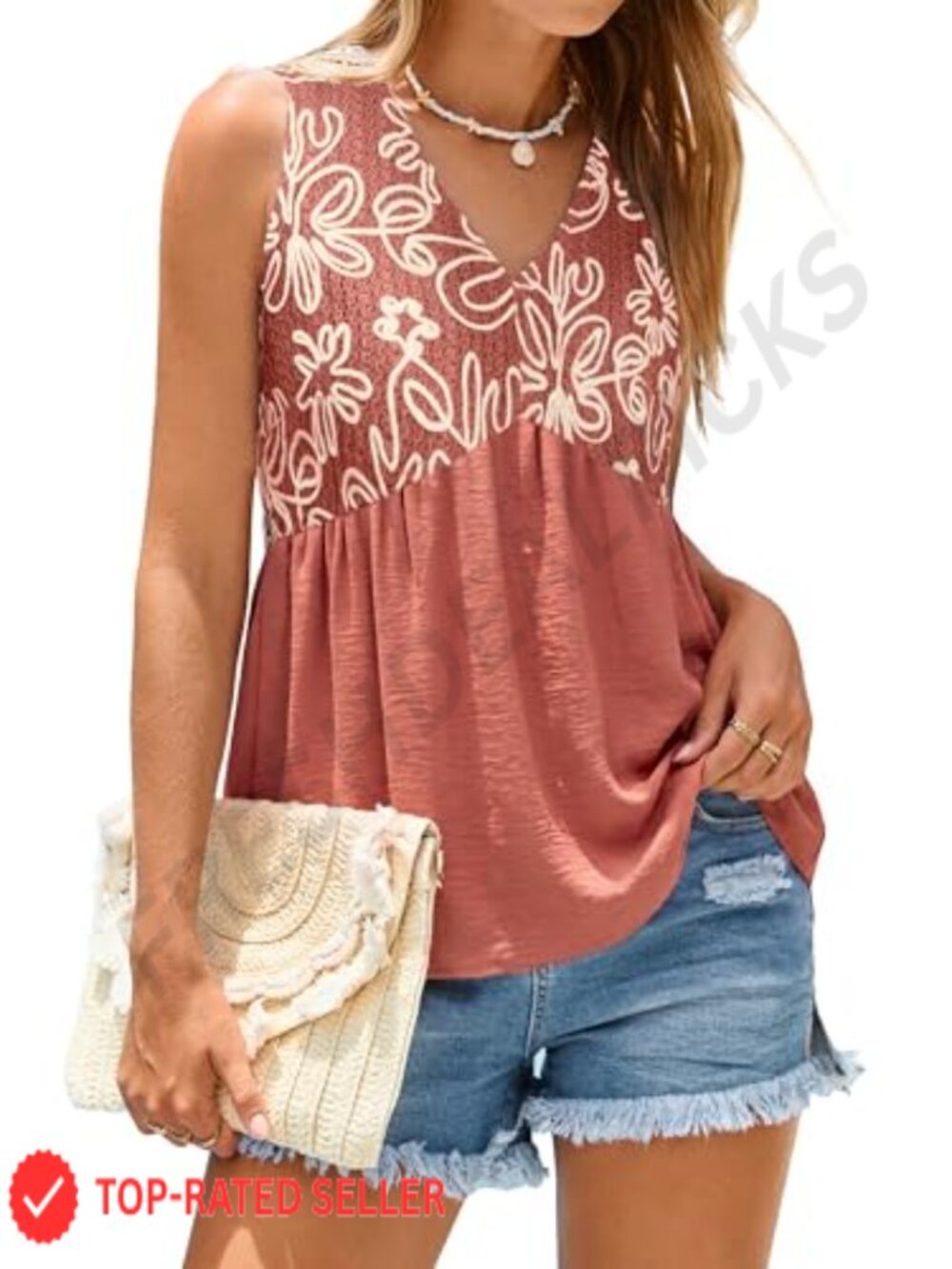 Crochet Embroidered Tank Top Babydoll Peplum Sleeveless V Neck Tunic Blouse
